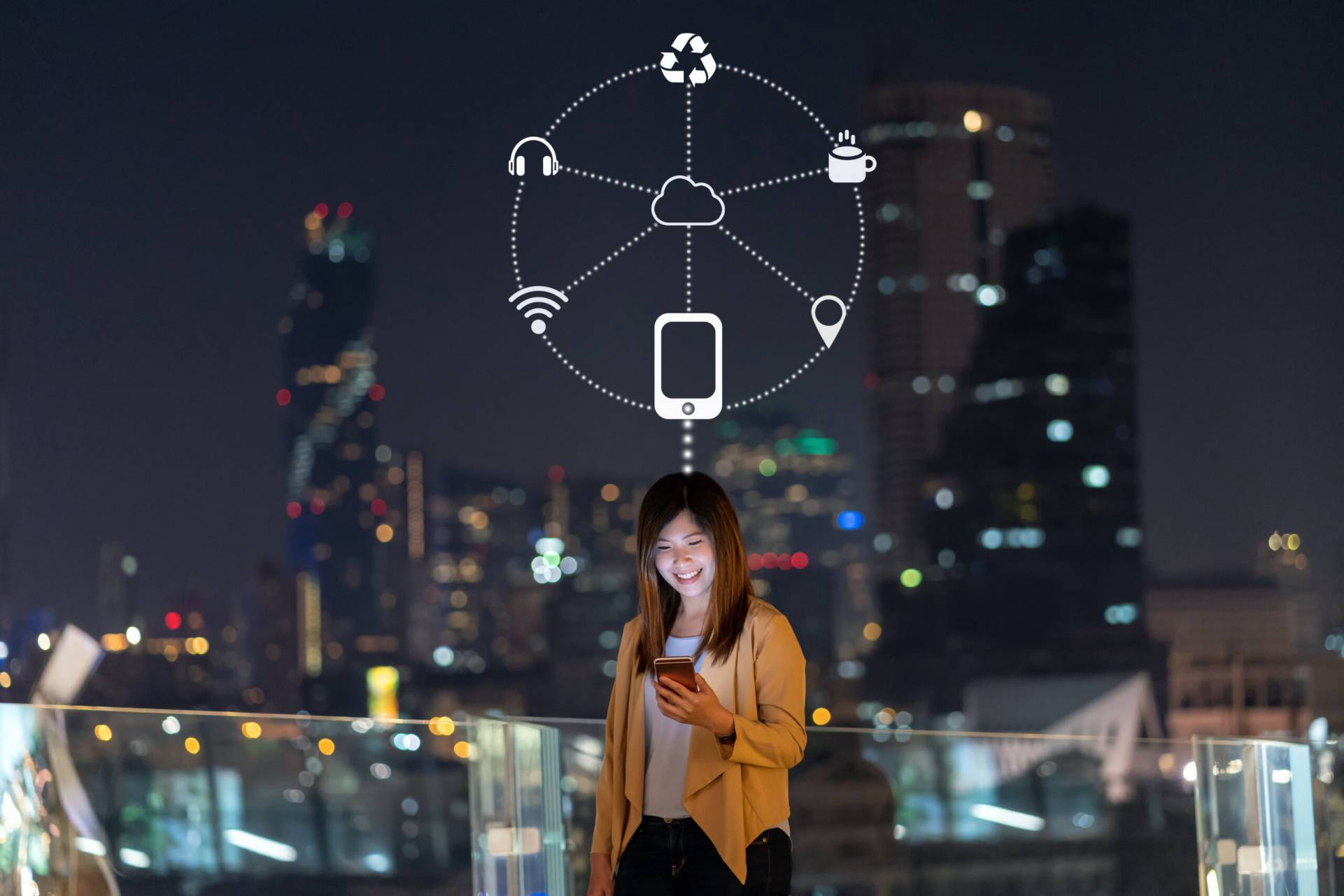 Asian Businesswoman Using Smart Mobile Phone With Smile Action Operate Various Icon Scaled